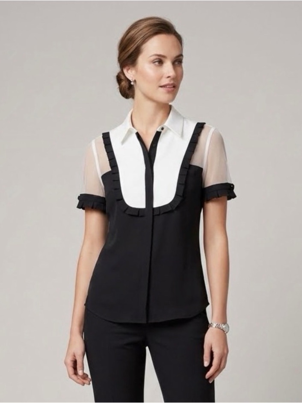 Anne Fontaine Black and White Mixed-Media Short Sleeve Blouse